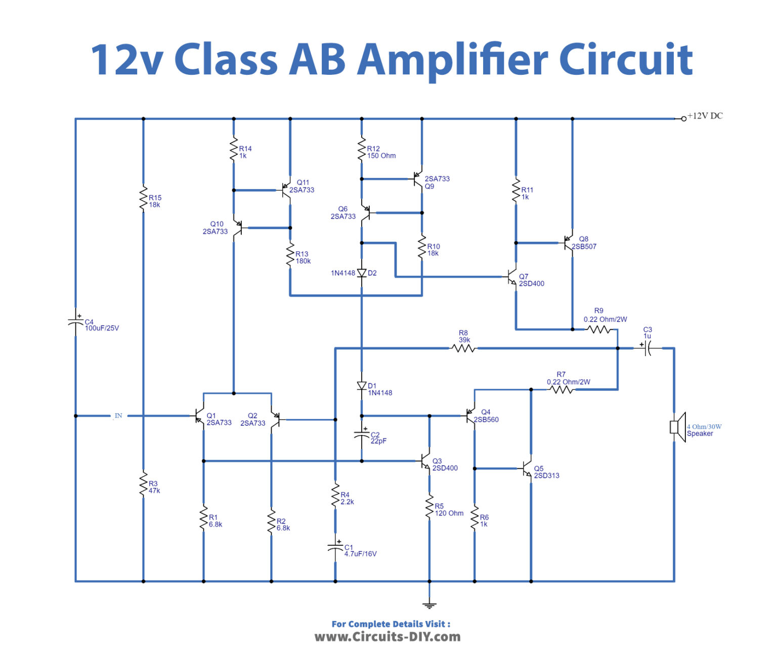 12V Class AB Amplifier Using 2SA733 Transistor