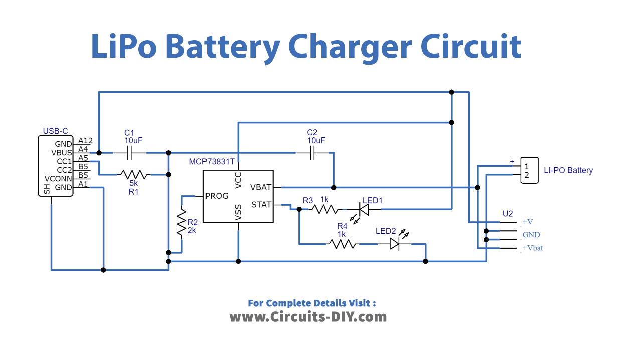 LiPo Battery Charger Circuit using MCP73831 IC