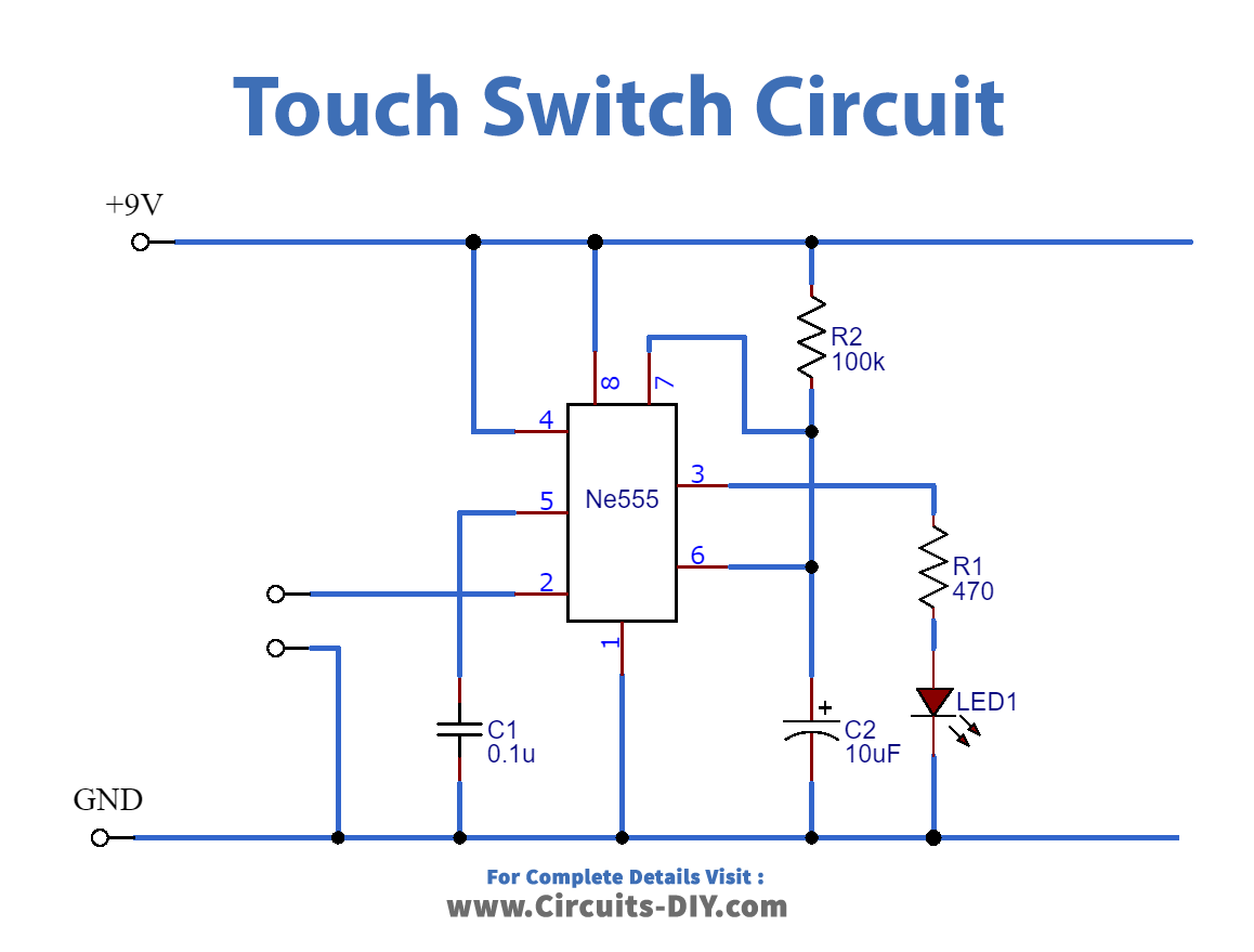 Touch Switch Circuit using 555 Timer IC