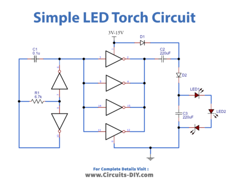 Simple Flashlight LED Torch Circuit using CD4049 IC