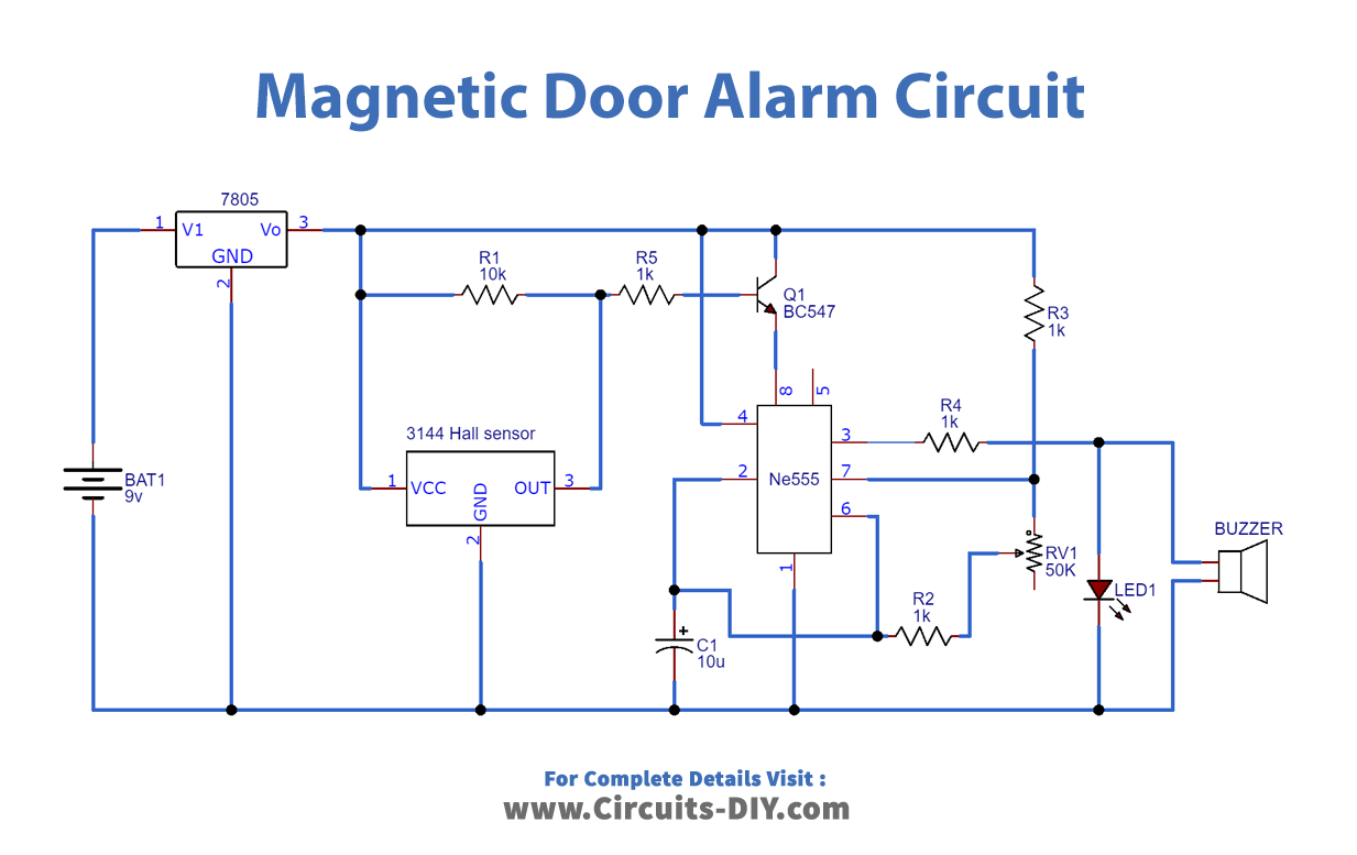 Magnetic Door Alarm Circuit using 3144 Hall Effect Sensor