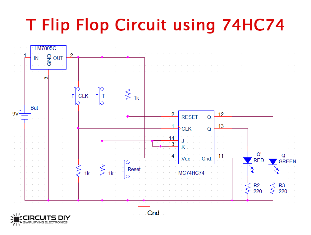t flip flop circuit using 74hc74 ic