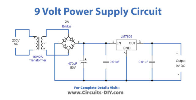 9V Power Supply Circuit Using LM7809 Voltage Regulator IC