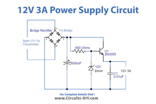 12V 3A Power Supply Circuit Using 2N3055 Transistor