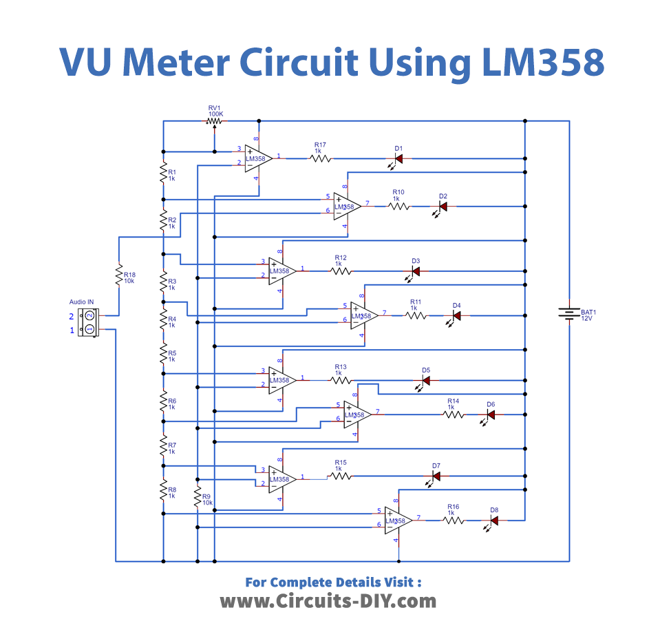 Simple VU Meter Circuit using LM358 - Electronics Projects