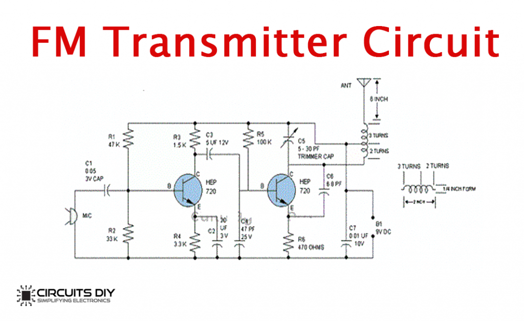 3 transistor fm transmitter with coil on circuit board