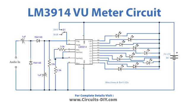 Simple VU Meter using LM3914 Dot/Bar Display Driver IC