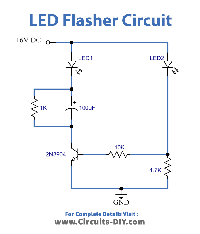 Simple LED Flasher Circuits Using 2N3904 NPN Transistor