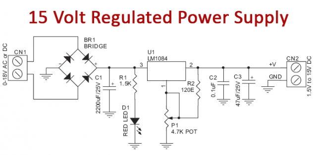 15 Volt 3A Regulated Power Supply Circuit Using LM1084 IC