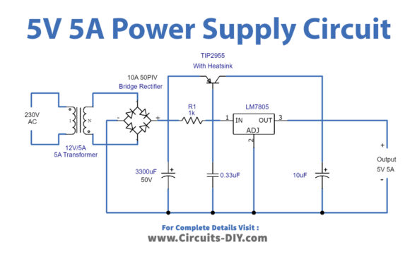 5V Power Supply (5A) using TIP2955 Power Transistor