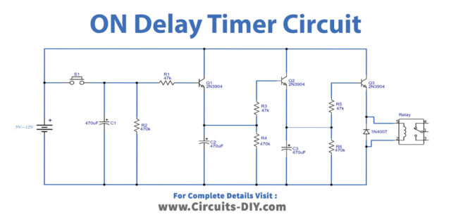 On Delay Timer Circuit using Three 2N3904 NPN Transistors