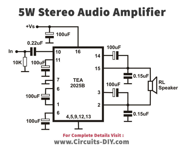 Stereo Audio Amplifier 5W Circuit using TEA2025 IC