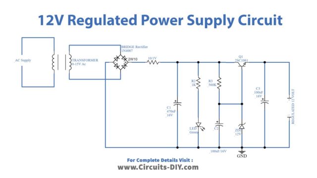 12 Volt Regulated Power Supply Circuit using Zener Diode