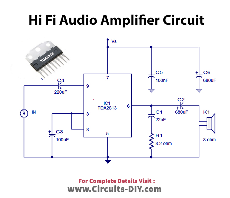 6-watt-Hi Fi-audio-amplifier-using-TDA2613-Circuit