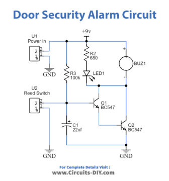 Door Security Alarm Circuit using Magnetic Reed Switch