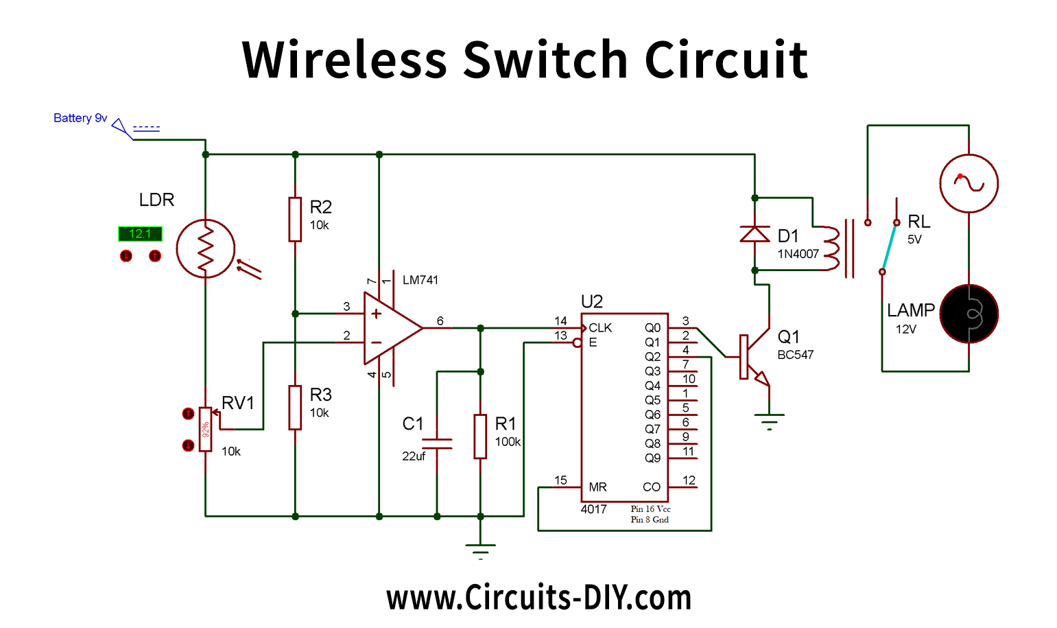 Wireless Switch Circuit using LDR and CD4017