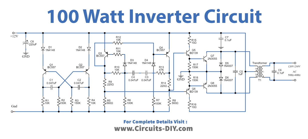 100 Watt Inverter Circuit 12V 220V using Transistor