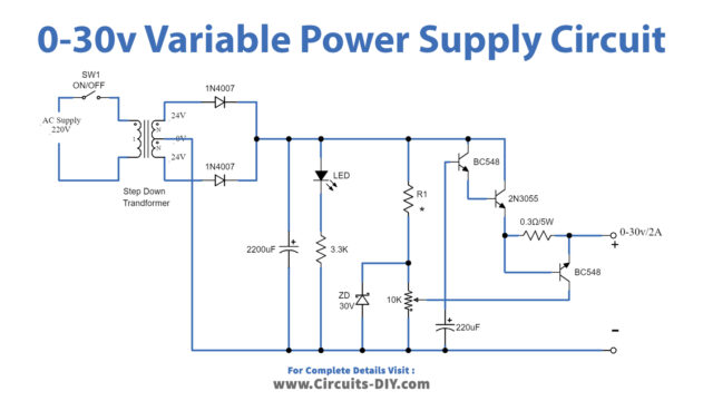 Simple Variable Power Supply Circuit 0-30V 2A