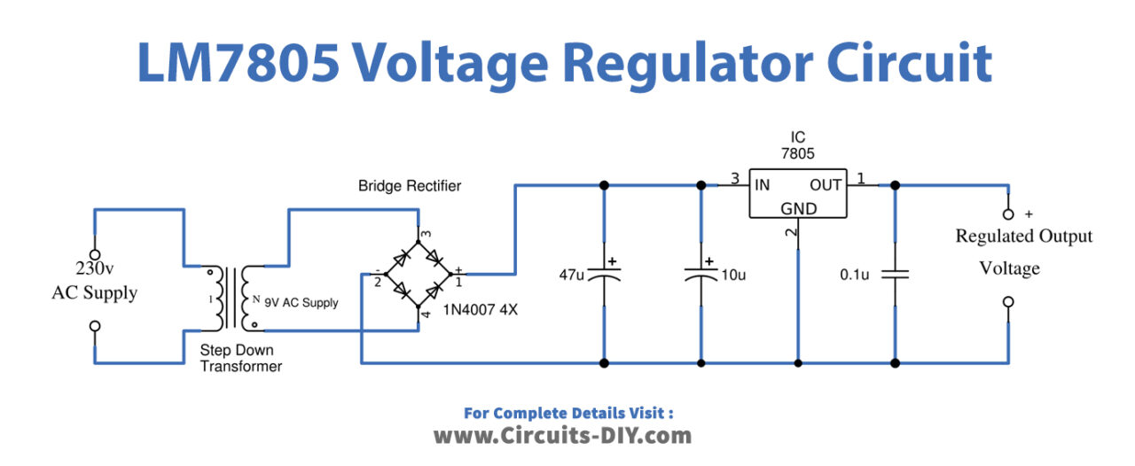 Simple 5V Power Supply Circuit Using LM7805 Regulator IC