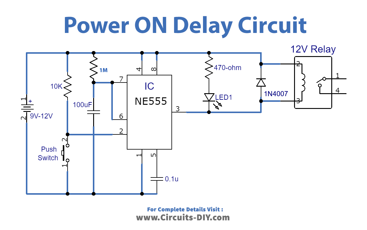 Power ON Delay Using 555 Timer IC