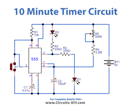 10-Minute Timer Circuit - 555 Timer