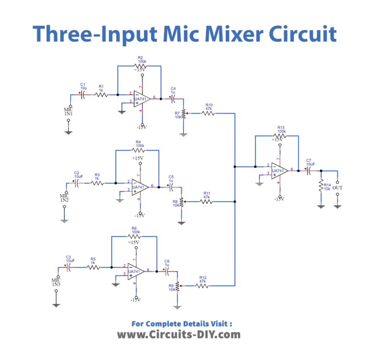 Three Input Mic Mixer Circuit Using Operational Amplifiers_Diagram-Schematic