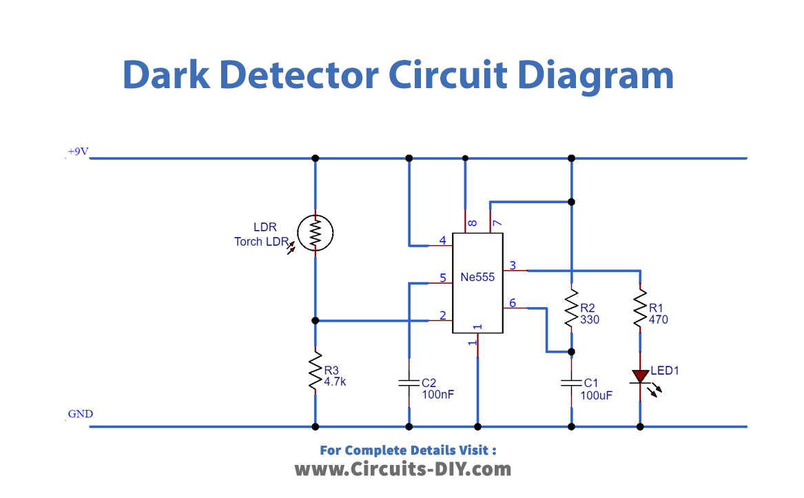 Dark Detector Circuit using LDR and 555 Timer