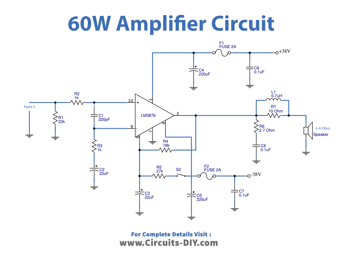 60 Watt Stereo Amplifier Circuit using LM3876