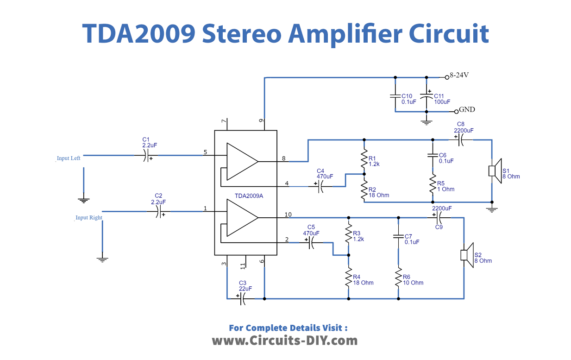 TDA2009 Stereo Amplifier Circuit - 10 Watt