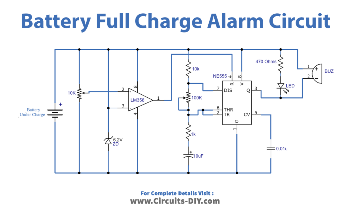 Battery Full Charge Alarm using LM358 IC