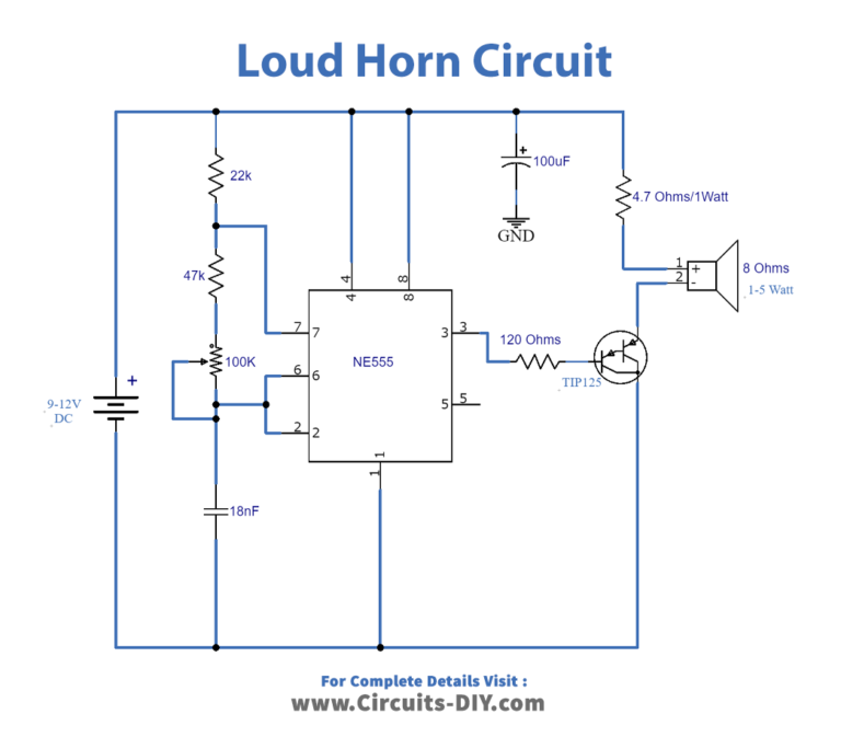 Loud Horn Circuit Using Ne555 And Tip125 Darlington Transistor