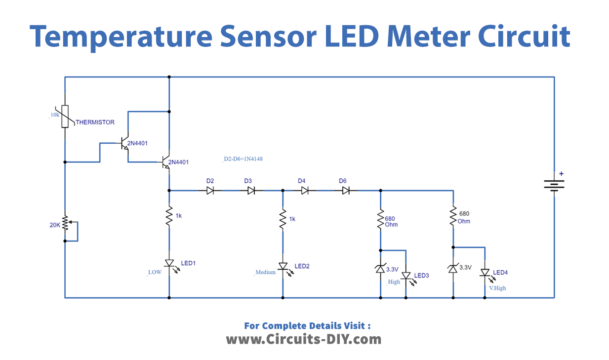 Temperature Sensor LED Meter using 2n4401 Transistor