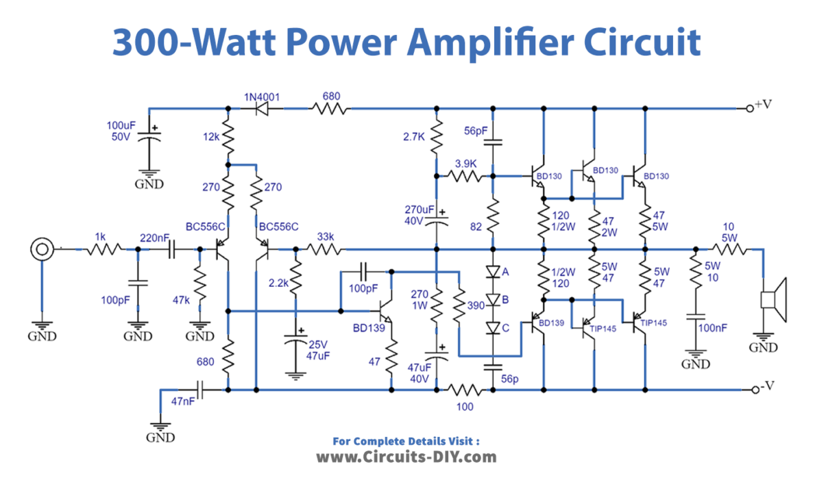 300-Watt Power Amplifier Circuit using Transistors