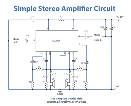 Simple Stereo Amplifier Circuit using IC TDA2004