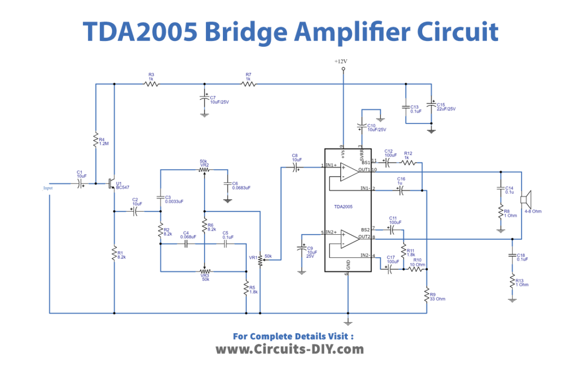 20 Watts TDA2005 Bridge Amplifier with Tone Control