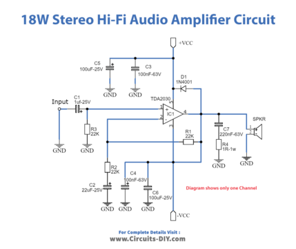 18W Stereo Hi-Fi Audio Amplifier using TDA2030 IC